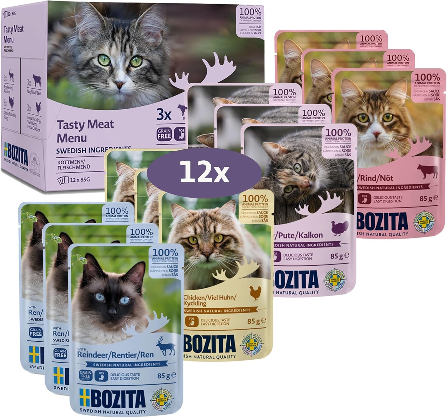 Bozita Vådfoderstykker til katte i kødsovs - 12 poser x 85g Vådfoder til katte uden korn og hvede - Vådfoder til voksne katte med 8,5% protein og 4,5% fedt