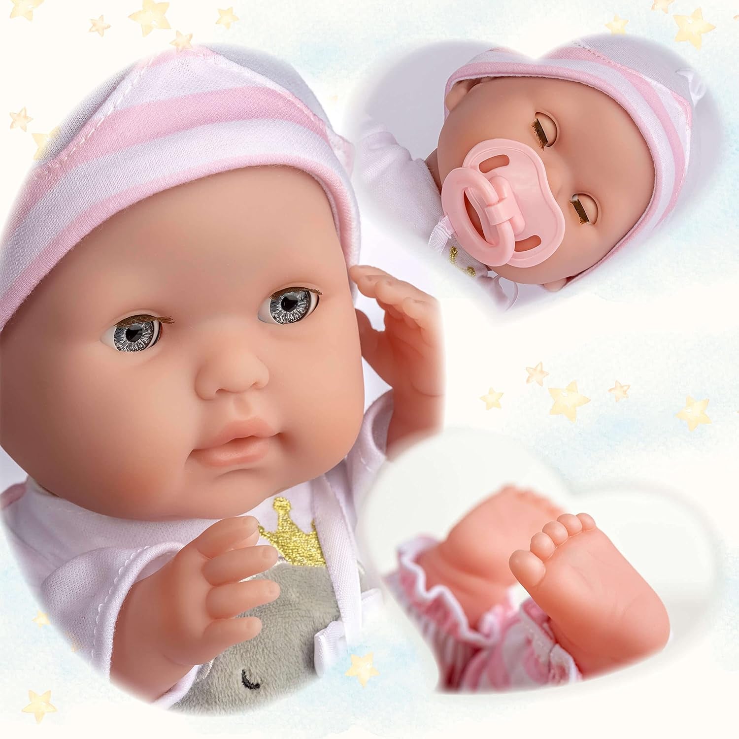 JC Toys - Berenguer Boutique 38 cm blød og naturtro dukke med åben/lukket mund, gavesæt i 10 dele, sutteflaske, rangle, sut og tilbehør, lyserød, 2+ år