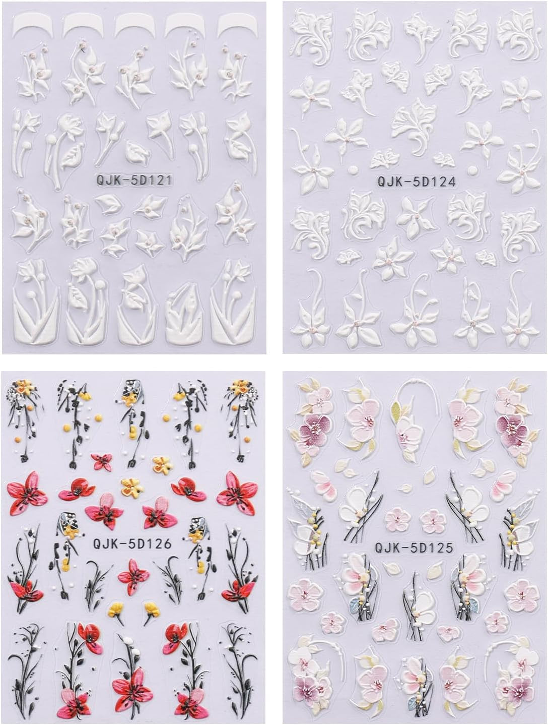 JMEOWIO 3D Nagelsticker Blumen Nail Art Sticker Selbstklebend Nagelaufkleber 5D Stereoskopisk Frühling Sommer Dekoration Nageldesign Zubehör 4 Blatt