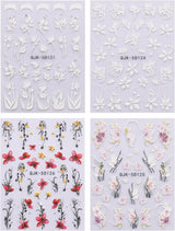 JMEOWIO 3D Nagelsticker Blumen Nail Art Sticker Selbstklebend Nagelaufkleber 5D Stereoskopisk Frühling Sommer Dekoration Nageldesign Zubehör 4 Blatt
