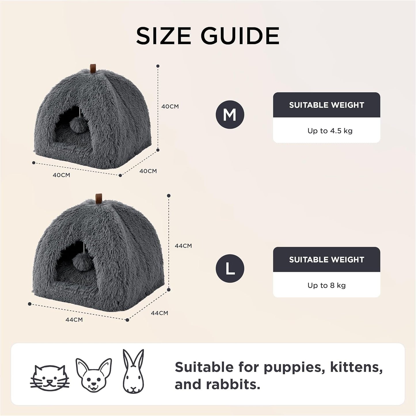 BEDSURE Katzenbett große Katzen Katzenhöhle- 44x44x44 cm Plüsch Katzenhaus Indoor mit abnehmbarem Katzenkissen und hängendem Spielzeug, Katzen Bettchen waschbar, dunkelgrau