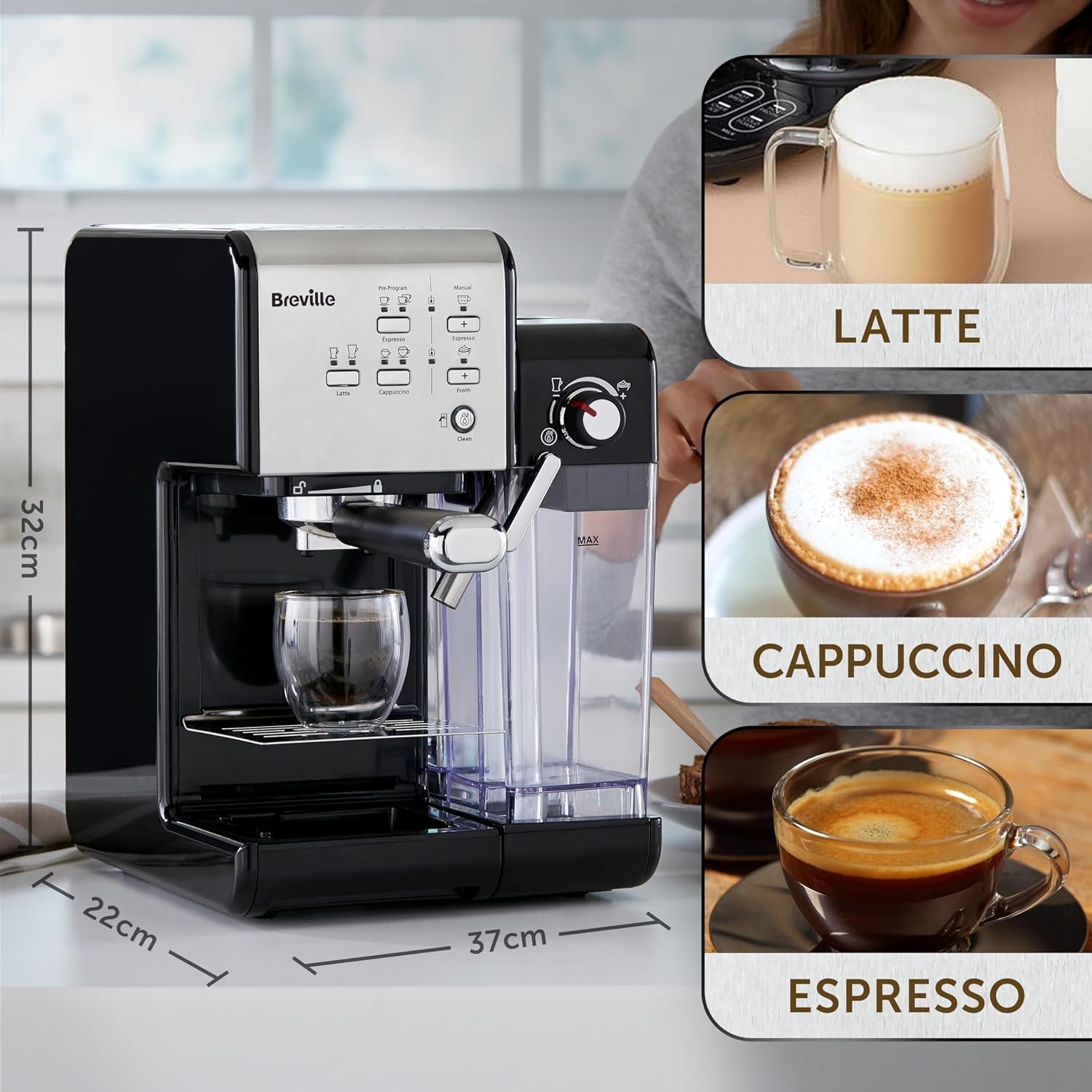 Espresso Breville Prima Latte II | Latte og cappuccino maskine | Professionel pumpe med 15 bar og mælkeskummer | Sølv [VCF108X]
