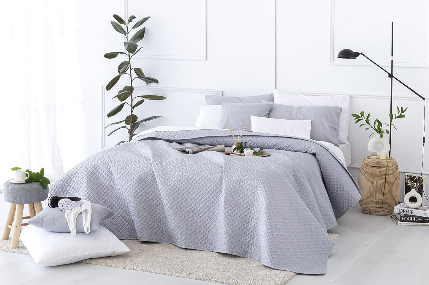 Todocama Fine Boutique sengetæppe med piquémønster, til forår, sommer, efterår og vinter, 100% super blødt mikrofiber, multifunktionelt tæppe, 140/150/160-250 X 260 cm, lysegrå Senge og tæpper Beuche den Todocama-Store