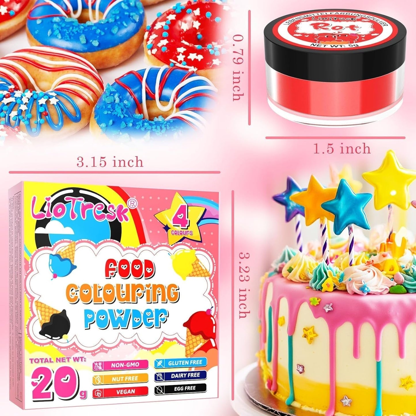Pulverfarvesæt til madlavning - 4x5 g koncentreret madfarve til fondant, smørcreme, livlig madfarve til bagning, kagepynt, farvning af påskeæg, macarons, All Hallows' Day
