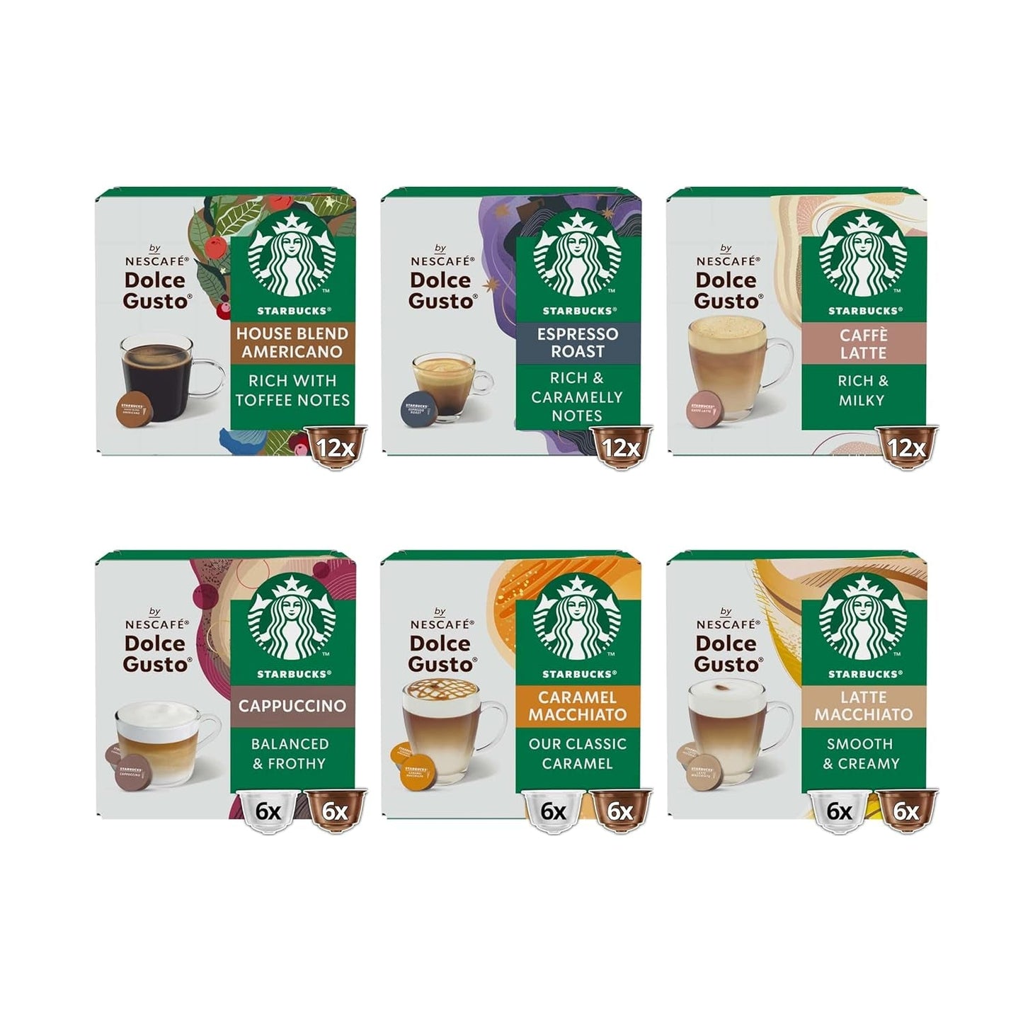 STARBUCKS Probierset, Mixed Cup Variety Pack af Nescafé Dolce Gusto Kaffeekapseln 6 x 12 (72 Kapseln) - Exklusiv bei Amazon