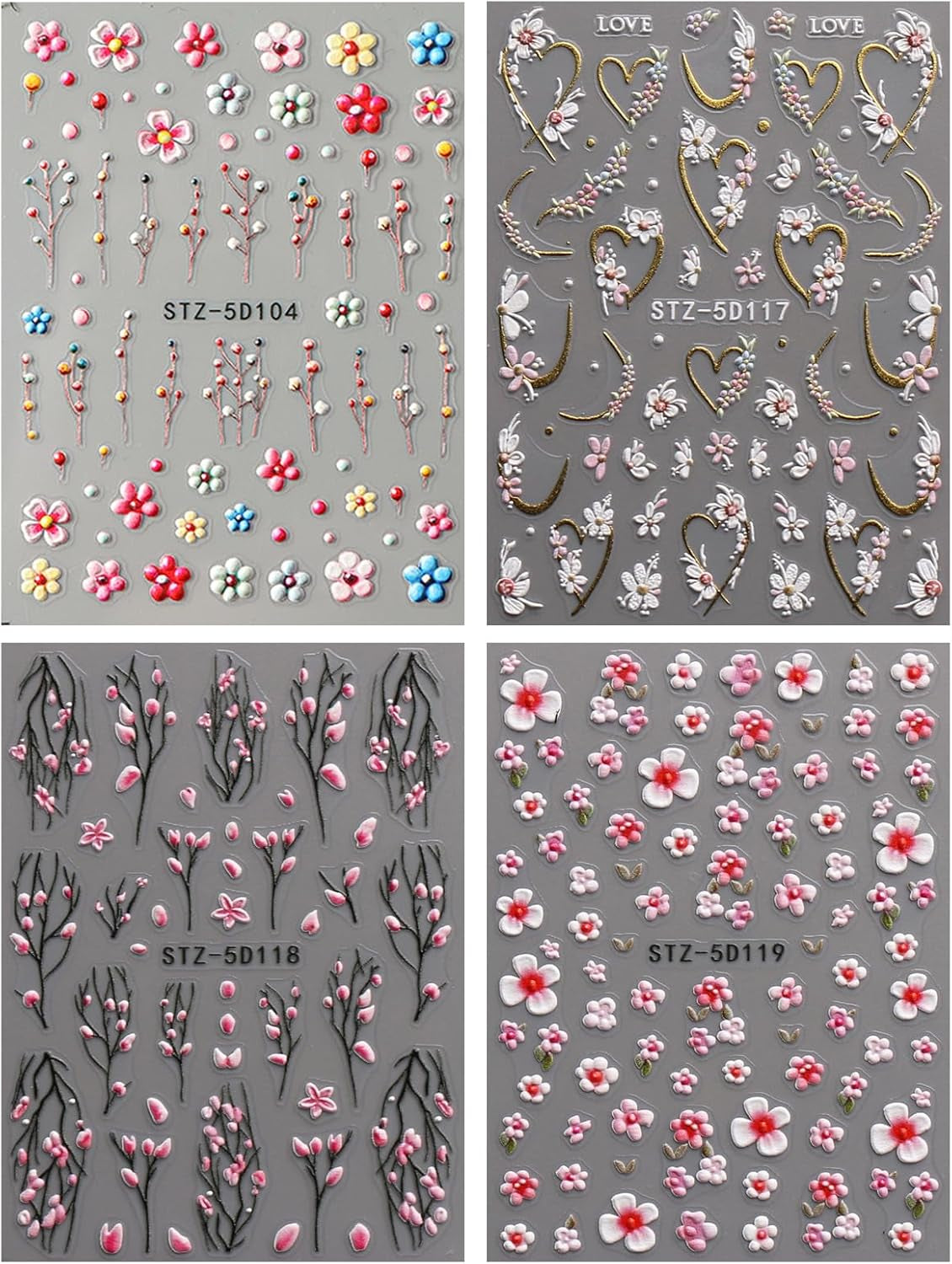 JMEOWIO 3D Nagelsticker Blume Nail Art Sticker Selbstklebend Nagelaufkleber 5D Stereoskopisk Frühling Sommer Floral Dekoration Nageldesign Zubehör 4 Blatt