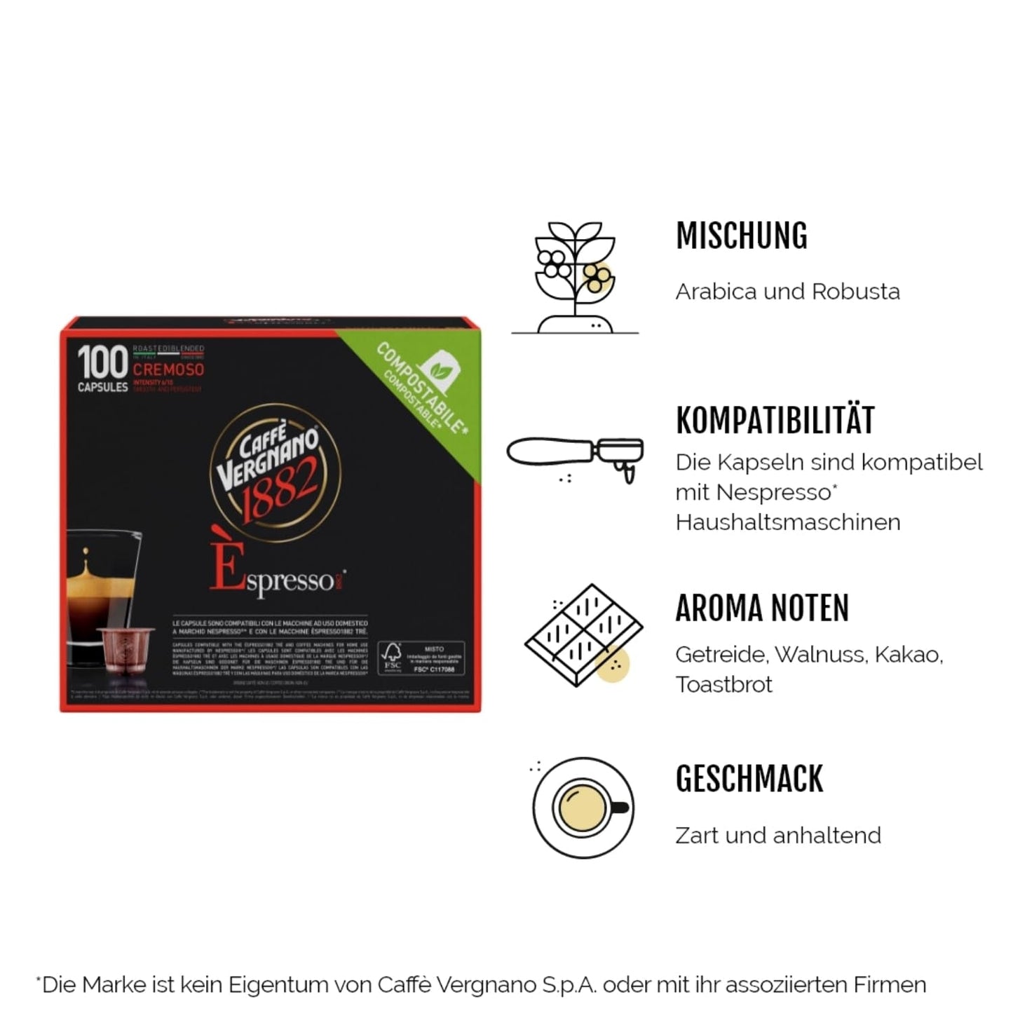 Caffè Vergnano 1882 - Èspresso komposterbar Kaffeekapsel, kompatibel med Nespresso, Cremoso (cremet) - Packung Enthälts 100 Kapseln