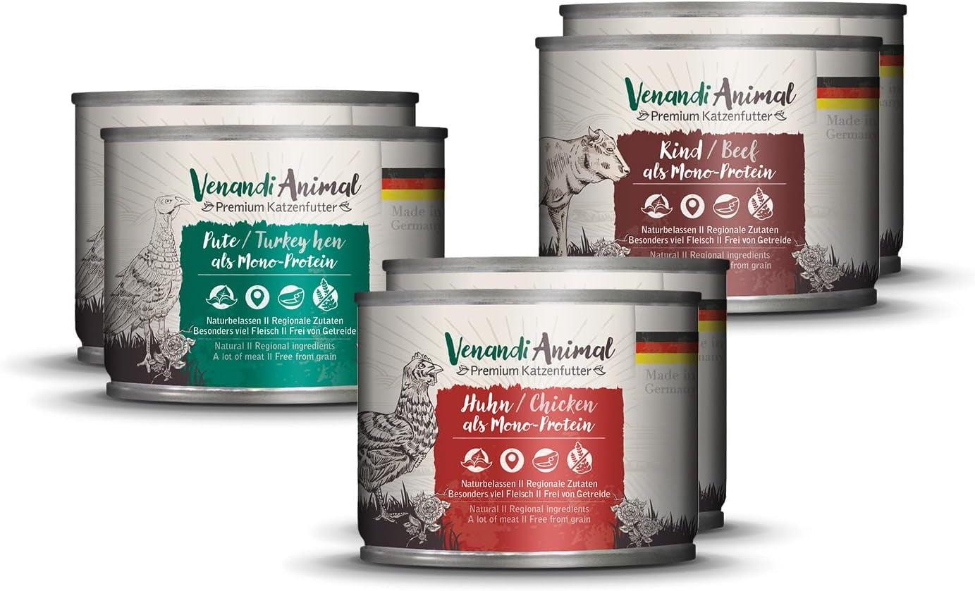 Venandi Animal - Premium Nassfutter für Katzen, Probierpakett I, Kylling, Pute, RInd, 6 x 200 g (6er Pack), getreidefrei og naturbelassen