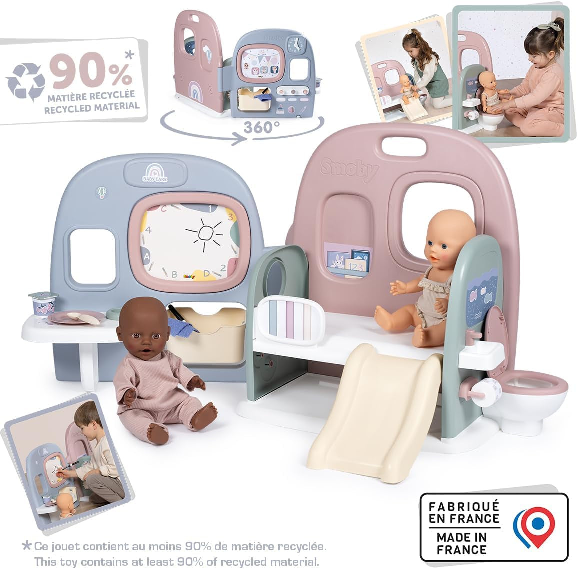 Smoby - Babypleje Dukke børnehave - Dukke legecenter Børnehave + Børnehave Dagligdagen - Sammenfoldelig legeplads med 360° rotation - 6 tilbehør - Lavet af 90% genbrugsmateriale i Frankrig, fra 3 år