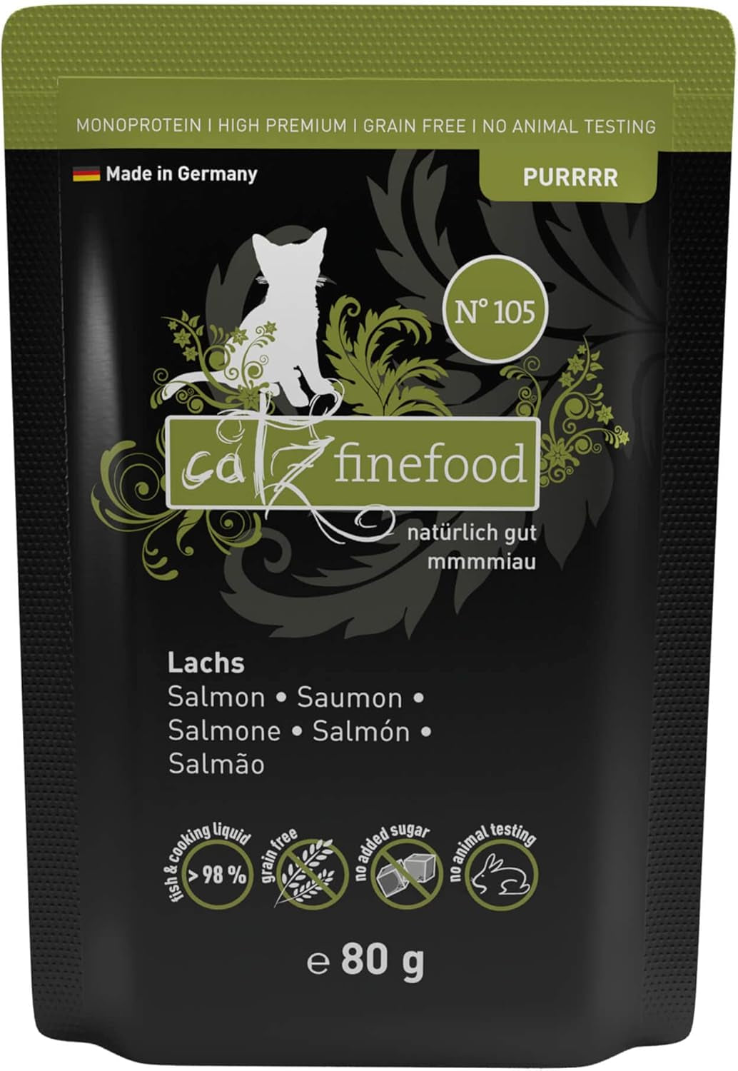 Våd kattefoder Catz Finefood Purrrr med monoprotein og laks nr. 105, til katte med følsom fordøjelse, 16 x 80 g