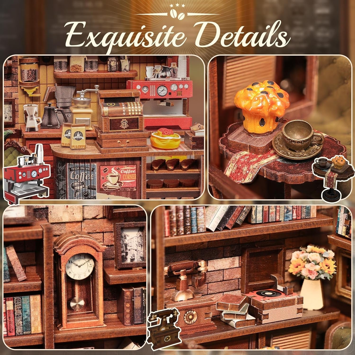 CUTEBEE Book Corner Kit - DIY dukkehuse, LED Light Up Miniature House Building Kit til voksne, 3D træpuslespil og bogstativ - Bogreoldekoration og gave (Corner Cafe)