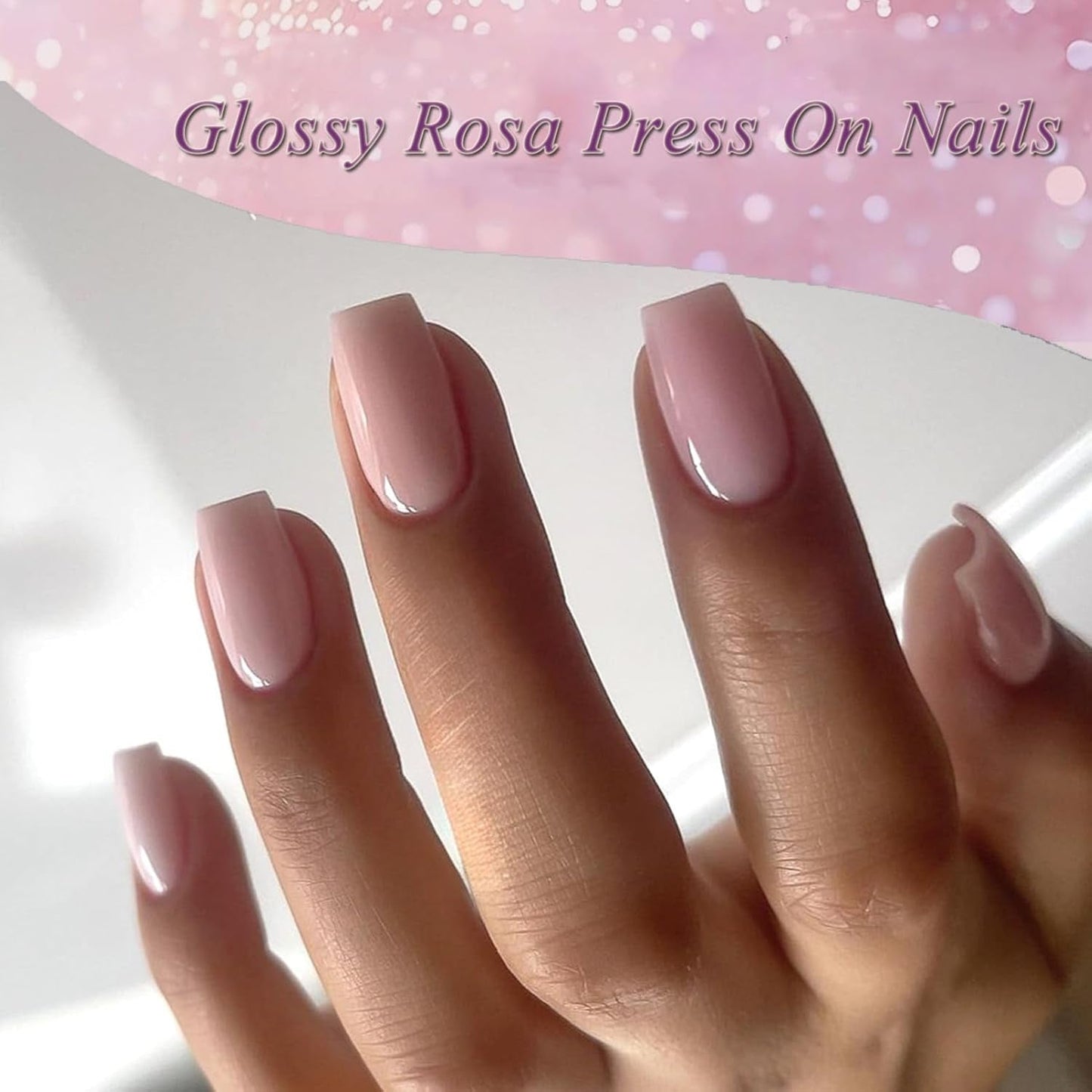 24 stk Pink ensfarvede falske negle selvklæbende neutrale falske negle Medium firkantet blød gel til kvinder DIY fuld dækning Glitter falske negle