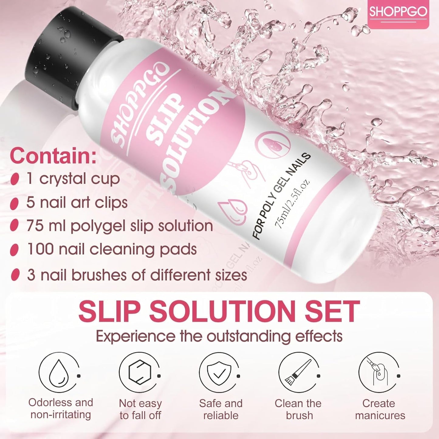 Polygel Glatteopløsning, Polygel Slip Solution Neglesæt, Glatteopløsning 75 ml, Indeholder 5 neglespidsklips, 3 neglebørster, 1 krystalkop, 100 rengøringsark