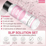 Polygel Glatteopløsning, Polygel Slip Solution Neglesæt, Glatteopløsning 75 ml, Indeholder 5 neglespidsklips, 3 neglebørster, 1 krystalkop, 100 rengøringsark