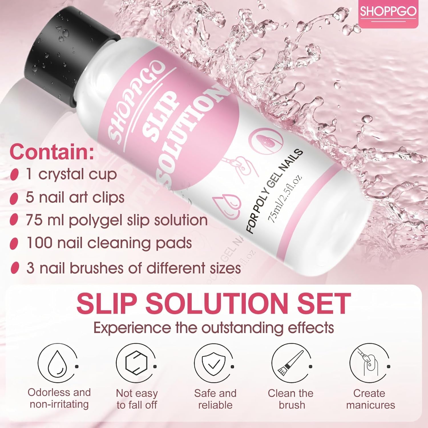 Polygel Glatteopløsning, Polygel Slip Solution Neglesæt, Glatteopløsning 75 ml, Indeholder 5 neglespidsklips, 3 neglebørster, 1 krystalkop, 100 rengøringsark