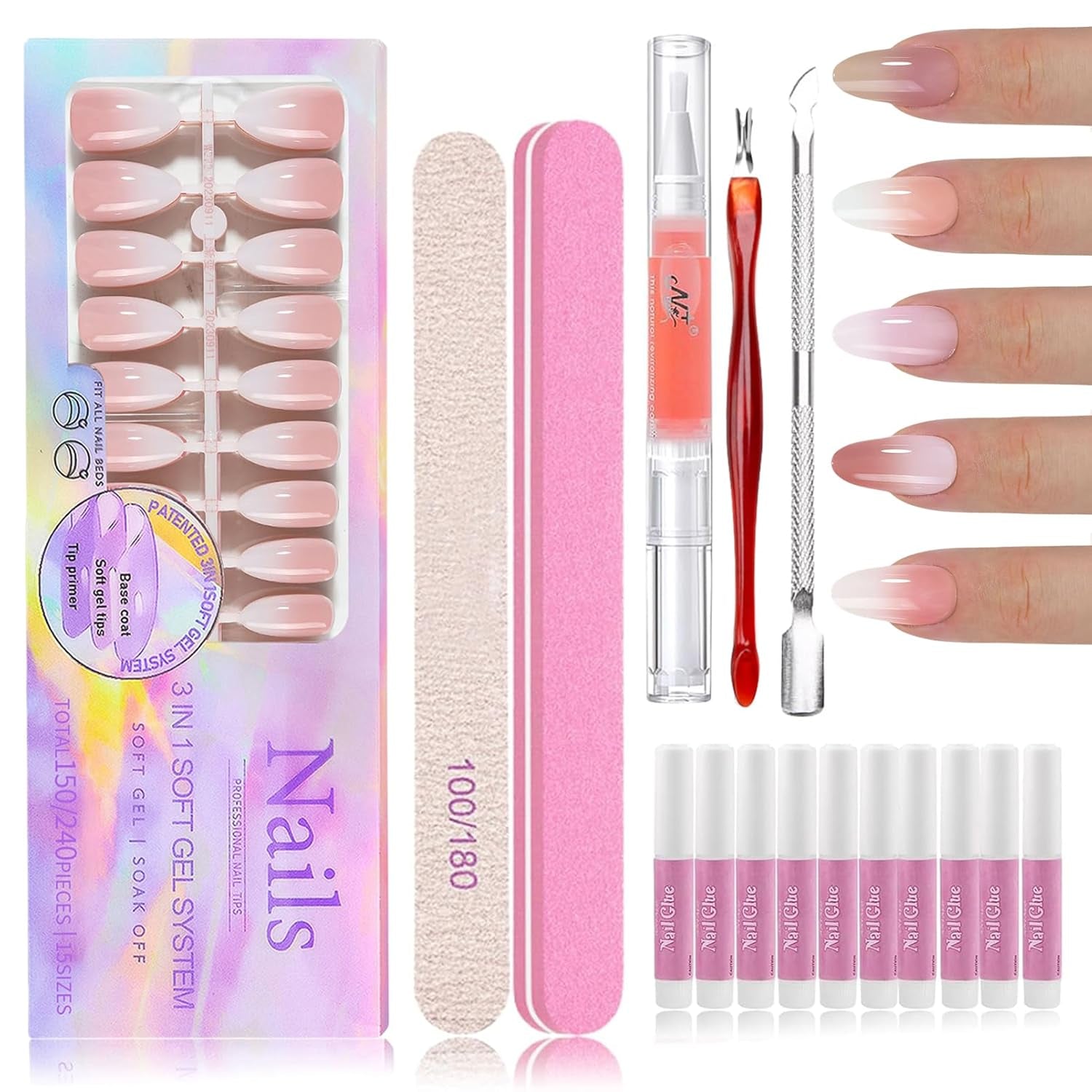 150 stk. Gradient falske neglesæt - 5 farver Ombre Design selvklæbende kunstige negle - Fuldt dække for kvinder og piger - Blanke falske negle til gør-det-selv-manicure (firkantet)
