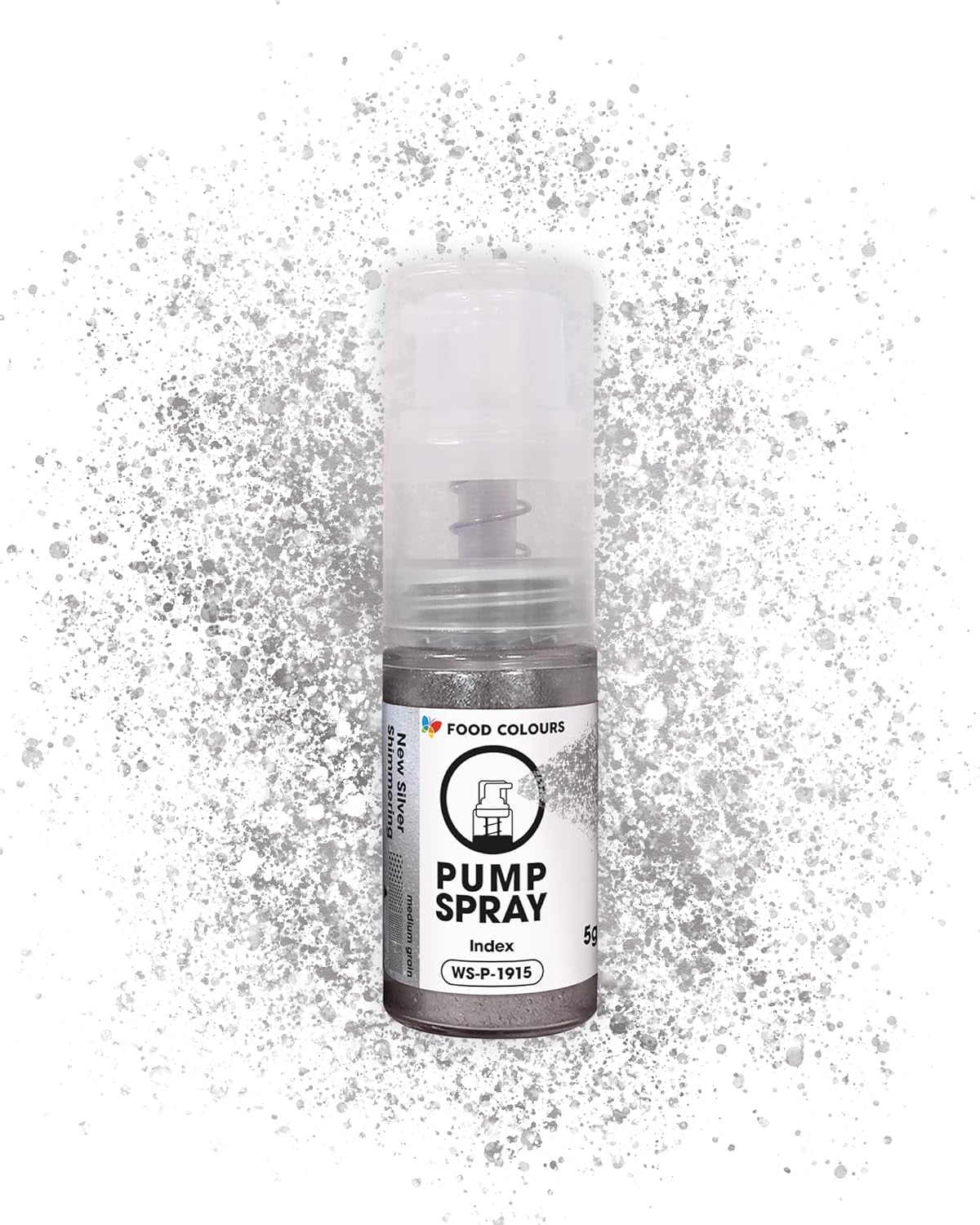 Spiselig glitter madspray NY SØLVSKIMMERENDE 5G pumpe med metallisk pulver til hurtig og effektiv dekoration af kager, cremer, geléer, praliner, chokolade og sukkerpynt