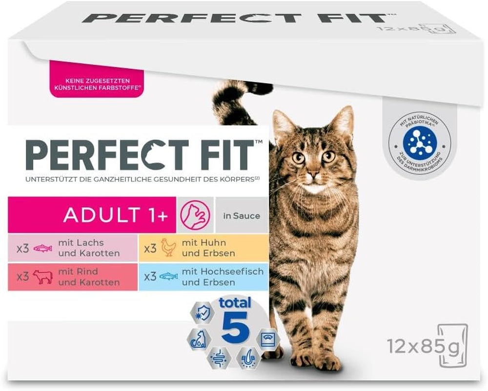 Perfect Fit Adult 1+ vådfoderudvalg med laks, dybhavsfisk, oksekød og kylling, 48 poser, 12x85g (pakke med 4) - Premium vådfoder til voksne katte fra 1 år