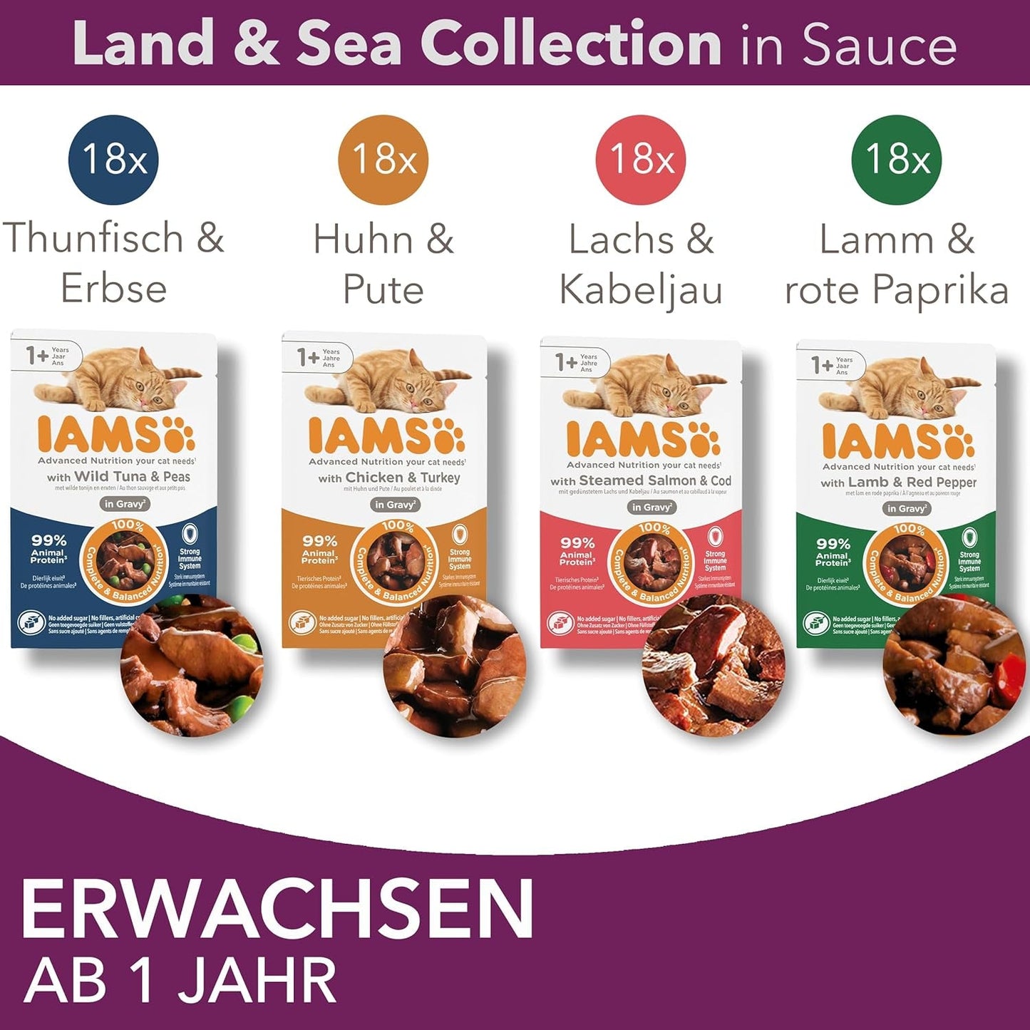 IAMS Delights Land & Sea Collection våd kattefoder - kød- og fiskesortiment Multipak i sauce, vådfoder til katte fra 1 år, 72 x 85 g