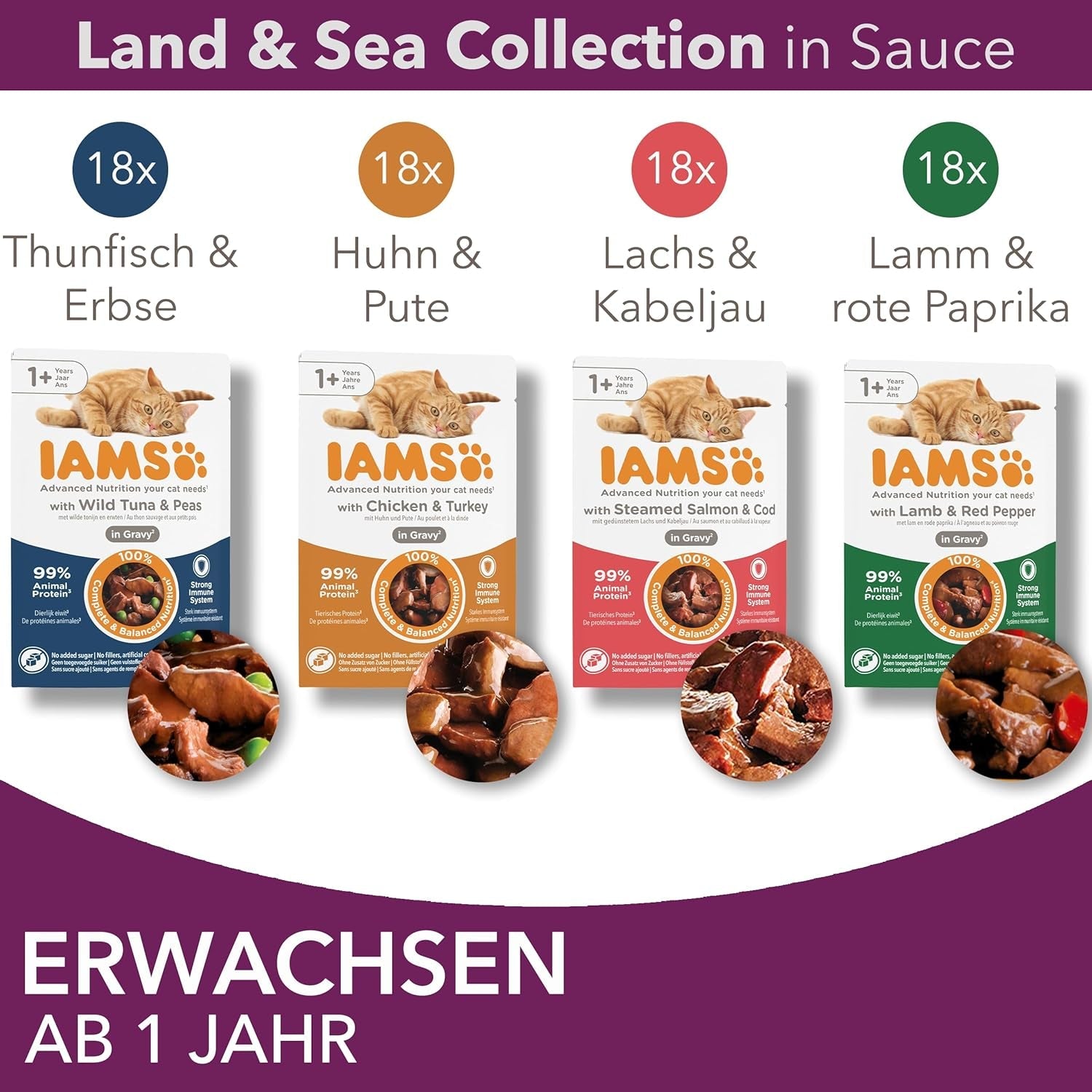 IAMS Delights Land & Sea Collection våd kattefoder - kød- og fiskesortiment Multipak i sauce, vådfoder til katte fra 1 år, 72 x 85 g