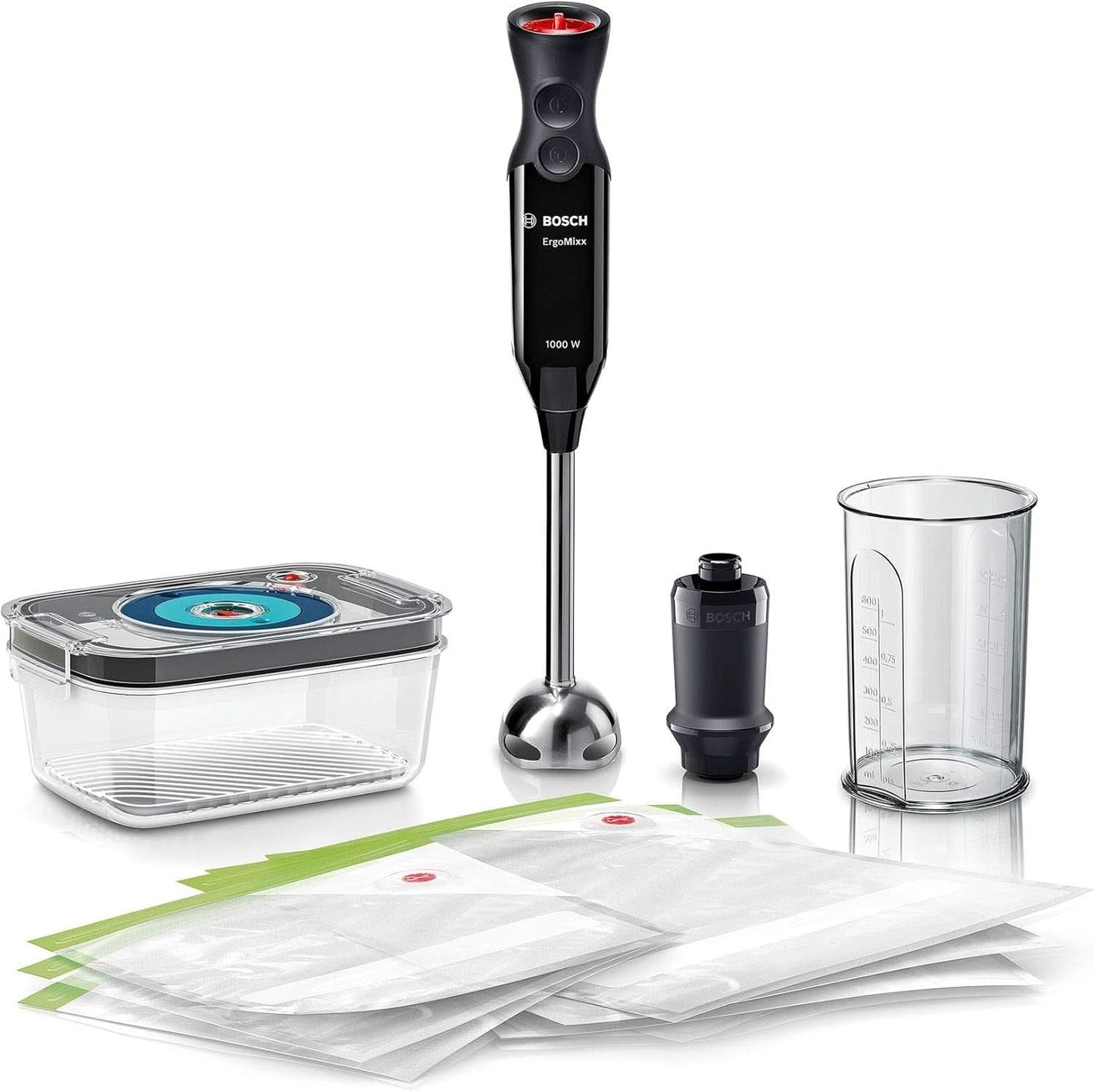 Bosch Stabmixer Ergomixx MS6CB61V1, Vakuum-Funktion, Edelstahl-Mixfuß, Mix- Und Messbecher, Vakuum-Pumpe, Vakuum-Beutel, Vakuum-Frischhaltedose, 12 Stufen plus Turbo, 1000 W, Schwarz/Anthrazit Kitchen Naty Shop