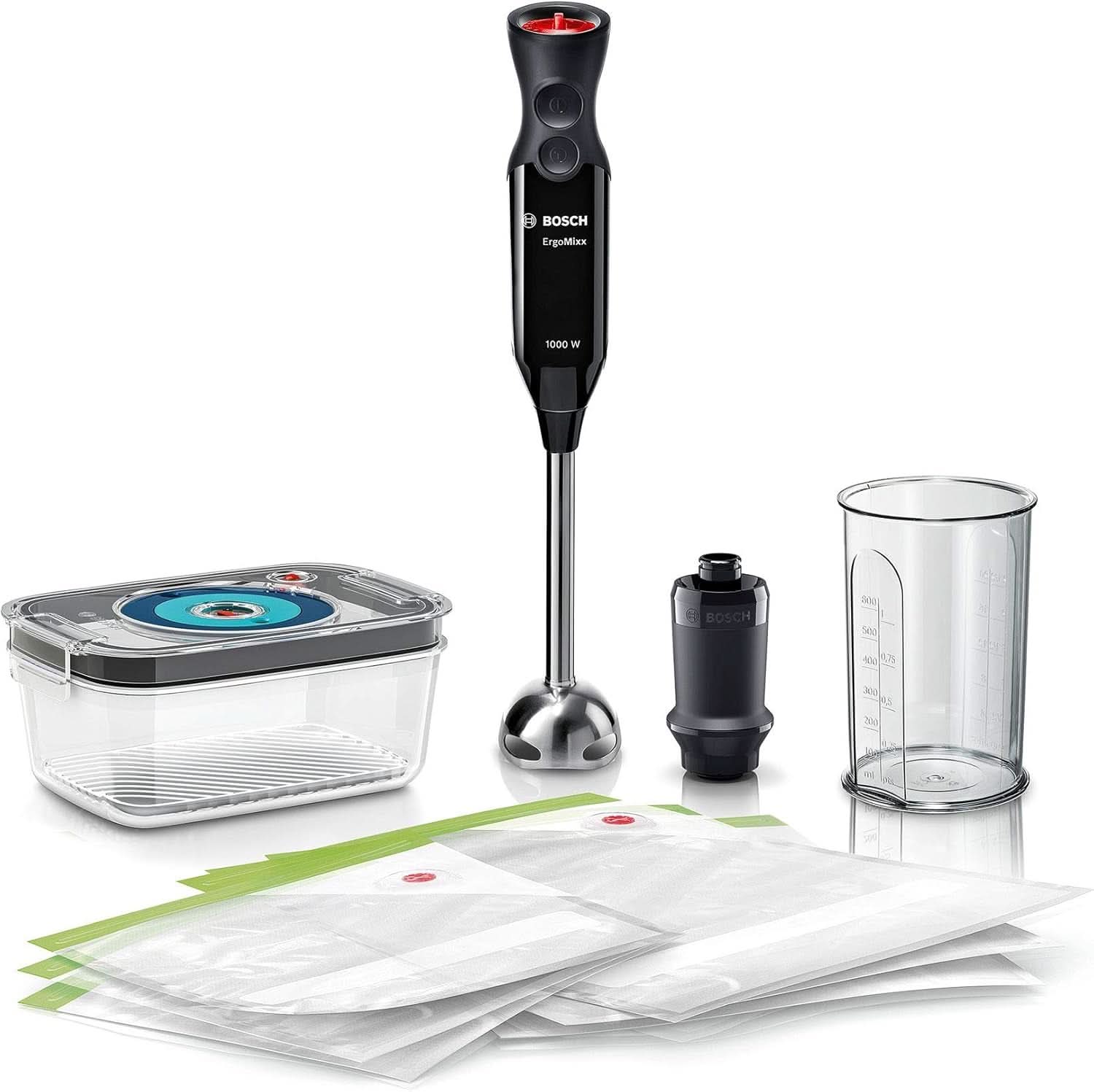Bosch Stabmixer Ergomixx MS6CB61V1, Vakuum-Funktion, Edelstahl-Mixfuß, Mix- Und Messbecher, Vakuum-Pumpe, Vakuum-Beutel, Vakuum-Frischhaltedose, 12 Stufen plus Turbo, 1000 W, Schwarz/Anthrazit Kitchen Naty Shop