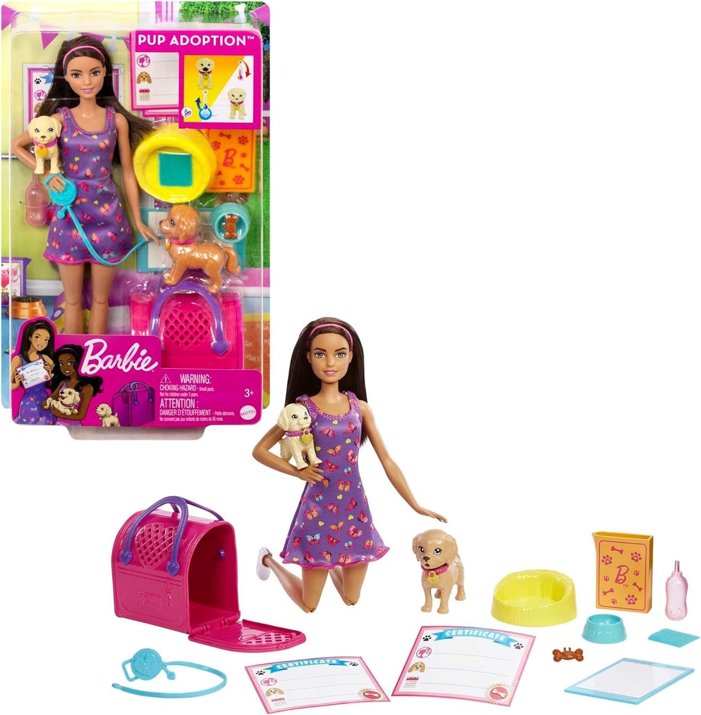 Adoption Barbie Puppy - Dukke og 2 hvalpe, med adoptionscertifikater, farveændringseffekt, bur og tilbehør, til børn fra 3 år og derover, HKD 86