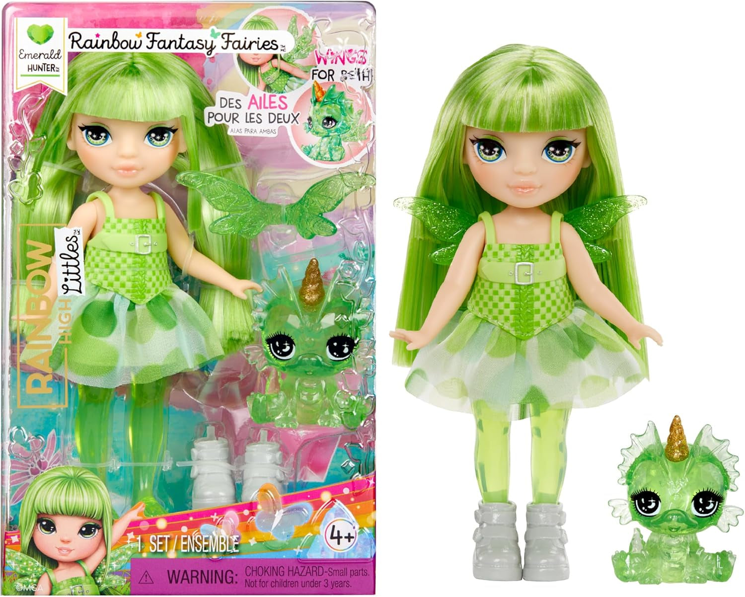 Rainbow High Littles Rainbow Fantasy Fairy and Pet - Emerald, Green - 14 cm artikuleret lille Fantasy Dragon Dukke med udskiftelige Fairy Wings, sød gave til børn fra 4 år og opefter