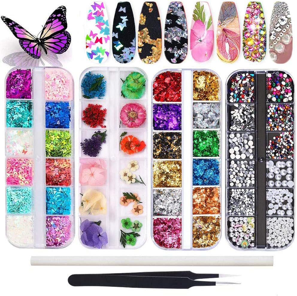 Kalolary tørrede blomster til negle Sommerfugle pailletter Neglelak folie Neglestickers Pincet Neglesten Negle Rhinestones Blyant til 3D Negle Design DIY dekorationer