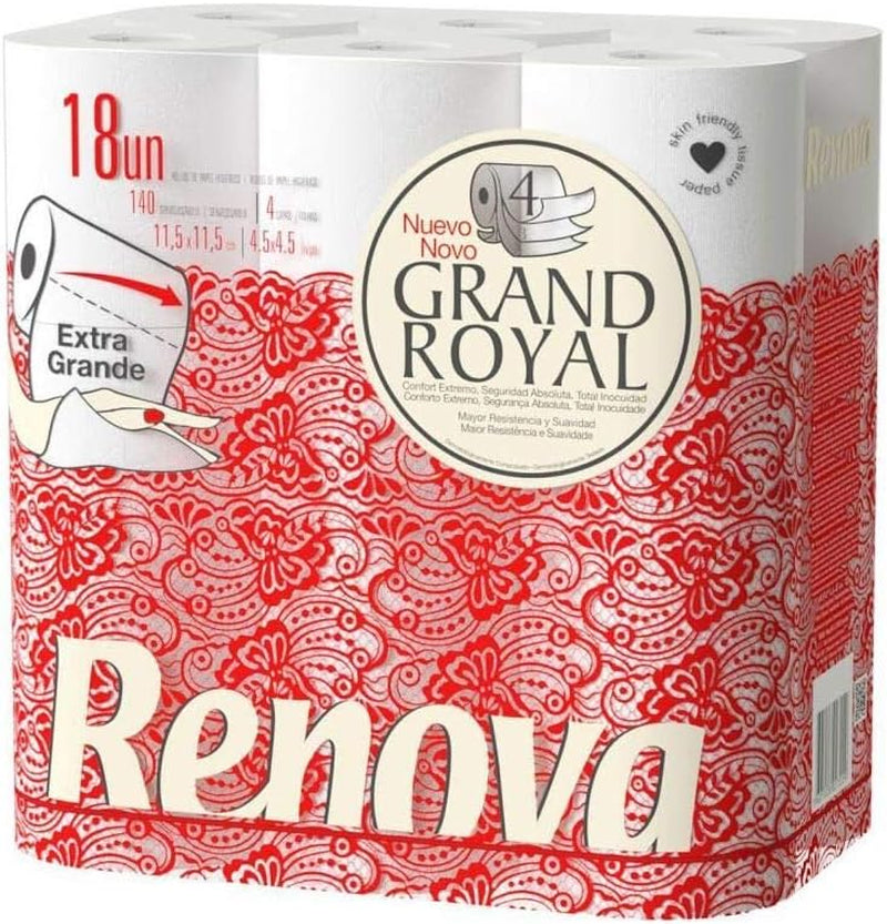 Renova Grand Royal toiletpapir, 18 Premium XXL ruller, 4 lag, blødt og slidstærkt