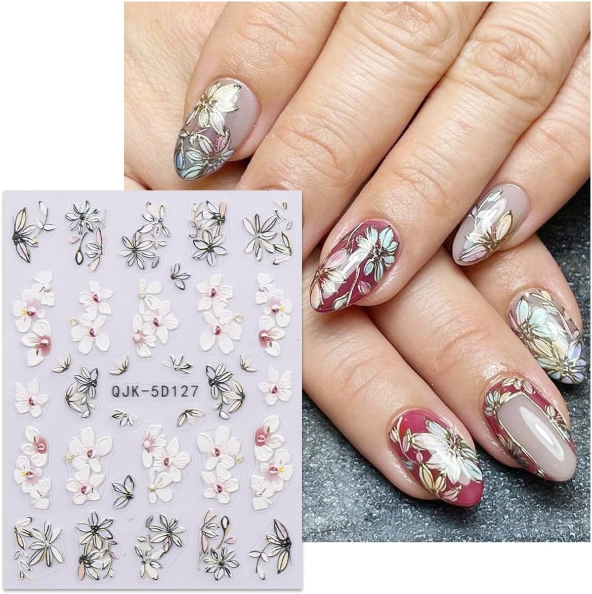 JMEOWIO 3D Nagelsticker Blumen Nail Art Sticker Selbstklebend Nagelaufkleber 5D Stereoskopisk Frühling Sommer Dekoration Nageldesign Zubehör 4 Blatt