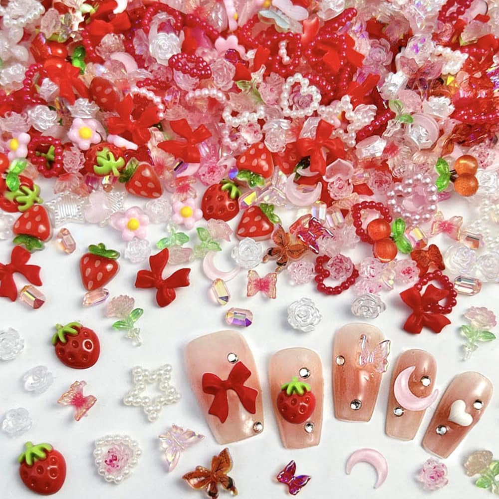 100 stk 3D Nail Charms Rosa Rot Kirsche Erdbeere Blume Nagel Charms Kamelie Rose Schmetterling Nail Art Charms Flatback Herz Schleife Charms Nägel Tilbehør Mond Stern Nagelschmuck Nageldesign Anhænger