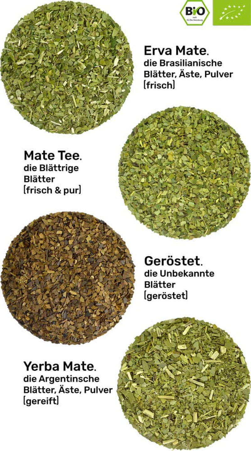 Mate te smagesæt ● 4 varianter af økologisk Mate te ● 100 g hver Erva Mate + Yerba Mate + Green Mate te + Roasted Mate te