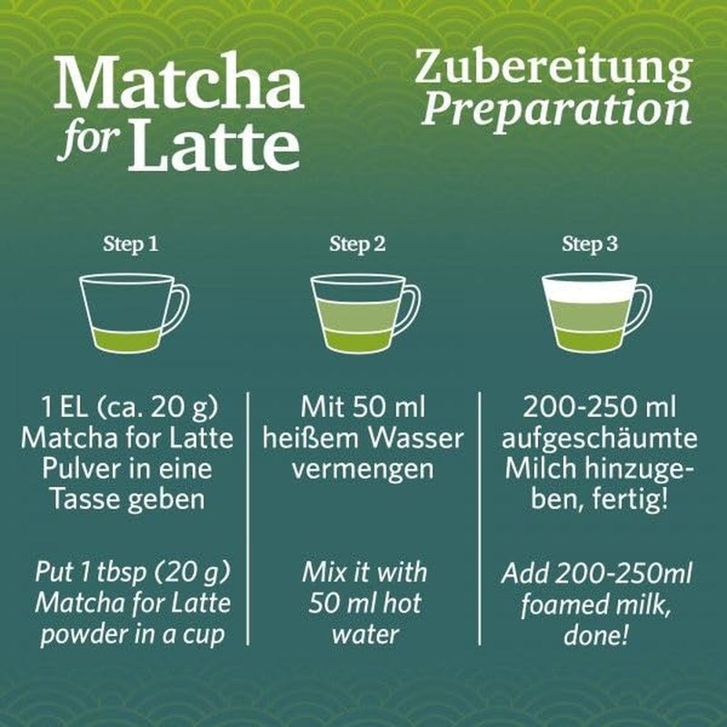 Matcha til latte Grøn teblanding med rørsukker, 400 g, vegansk, til 20 portioner
