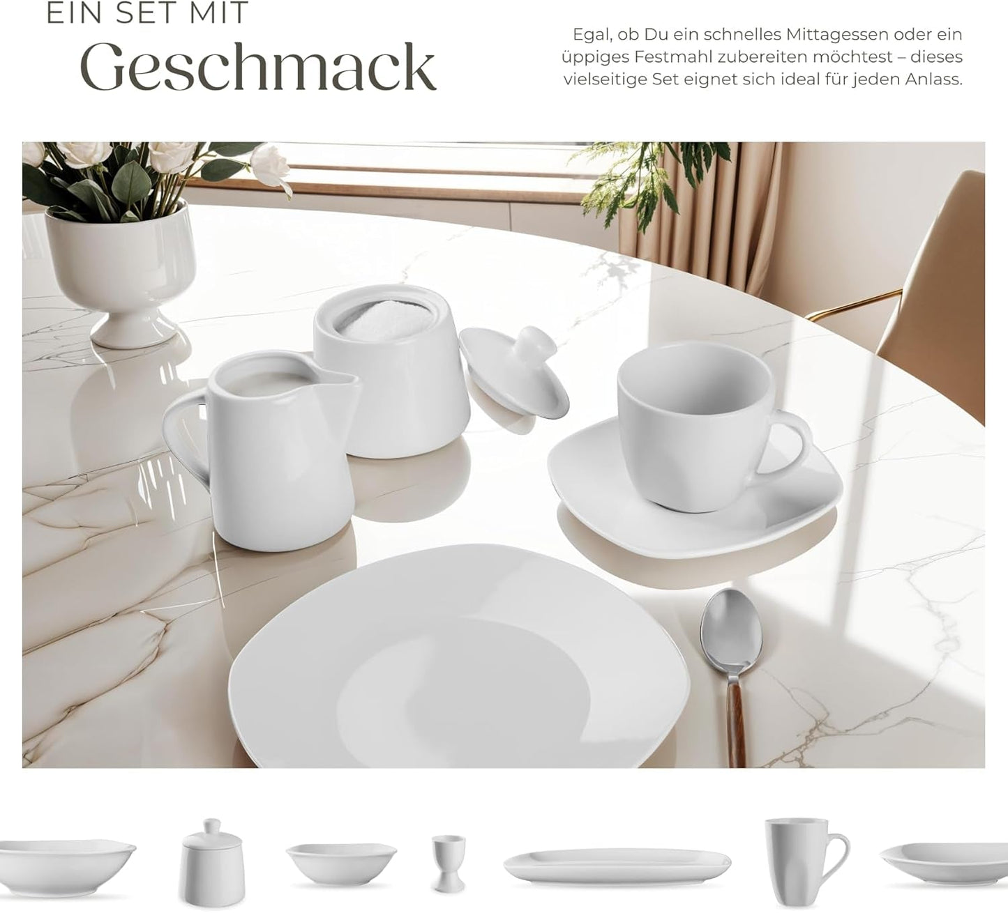 tectake® 12-personers spisestel, 100-delt porcelænsstel, inklusive 12 tallerkener, 12 desserttallerkener, 12 middagstallerkener, 12 kopper, 12 kornskåle, salatskål, mælkekande, sukkerskål