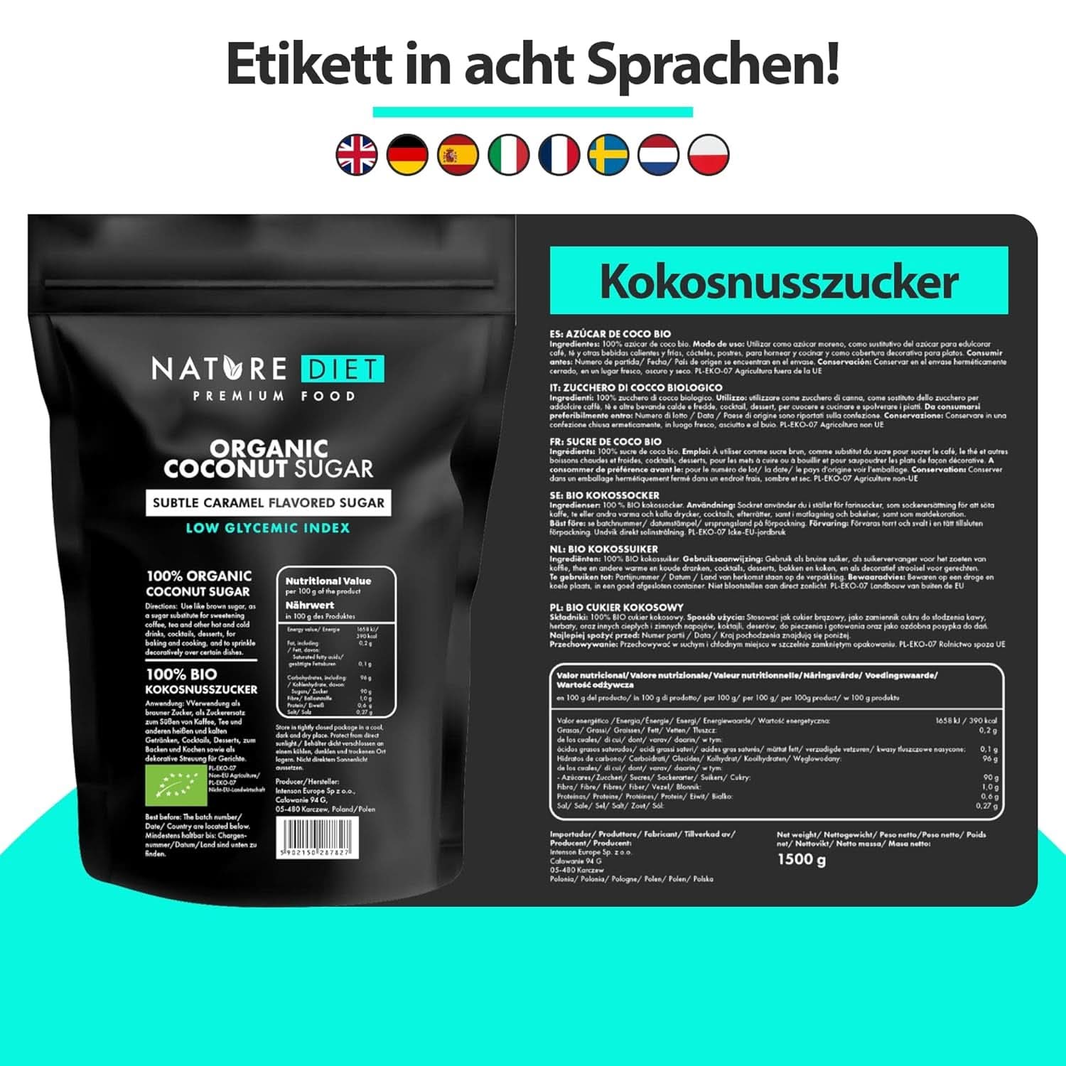 Økologisk kokossukker, karamelsmag, 1,5 kg sødemidler Naty Shop
