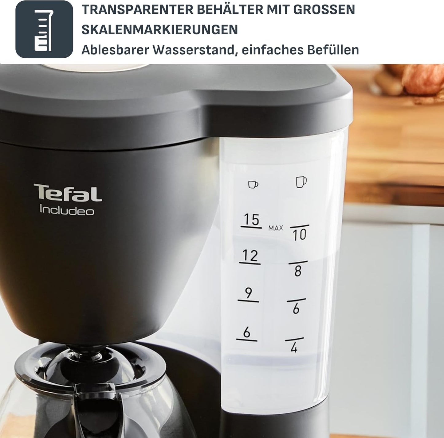Tefal Includeo Filter Espressomaskine, Espressomaskine Ekstremt nem at bruge, Velegnet til højre- og venstrehåndede brugere, Automatisk lågåbning, 1,25 L, 10 til 15 kopper, CM533811