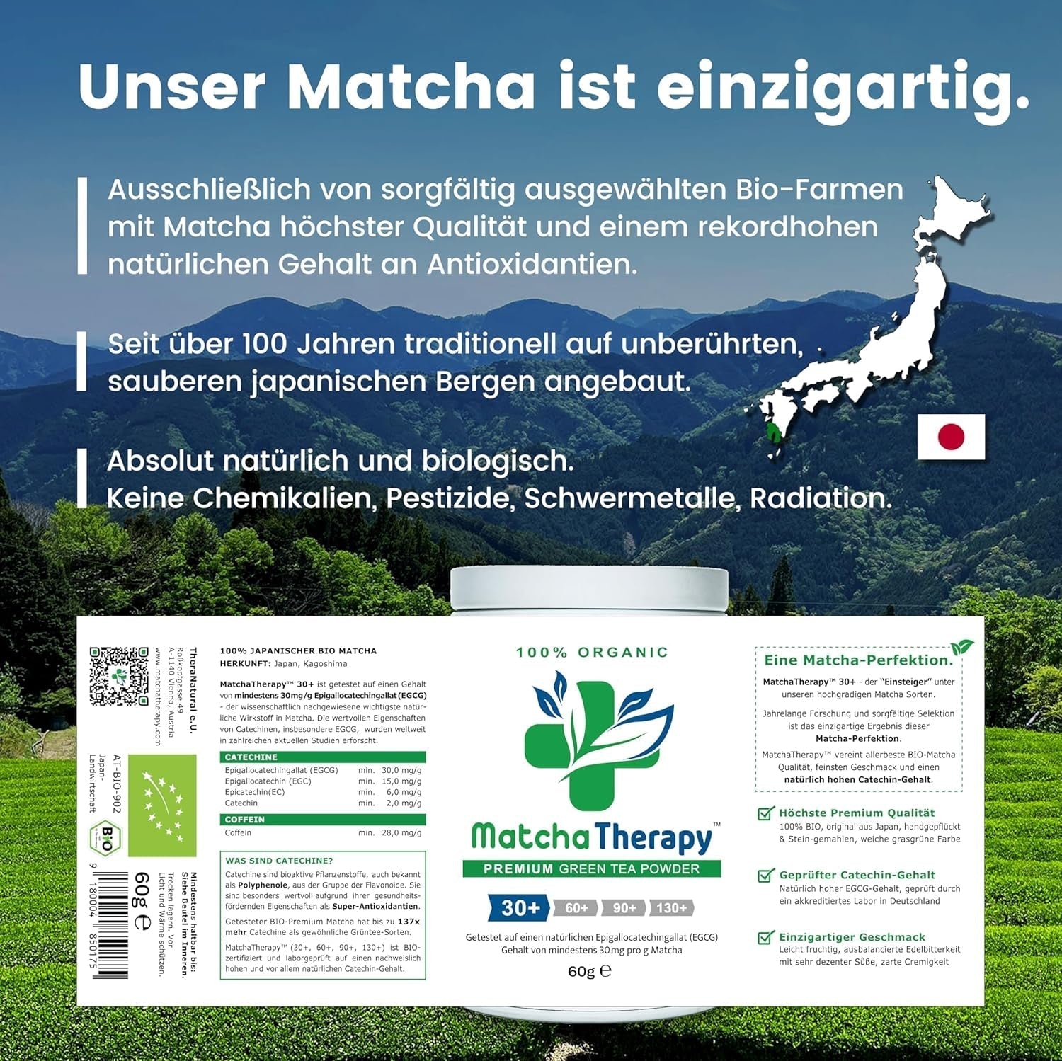 Matcha terapi 30+ | Økologisk Matcha tepulver | 60 g | Med et verificeret indhold på mindst 30 mg/g catechin EGCG | Understøtter immunsystemet og energiniveauet | Ceremoniel kvalitet | Grøn te fra Japan