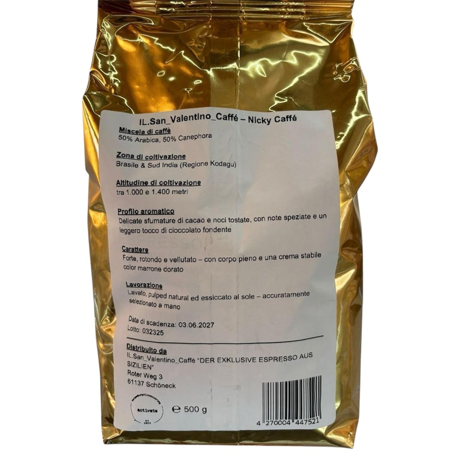 "DEN EKSKLUSIVE ESPRESSO FRA SICILIEN" NICKY CAFFÉ ESPRESSO OG KAFFEFREME 50 % ARABISK 50 % KANEL