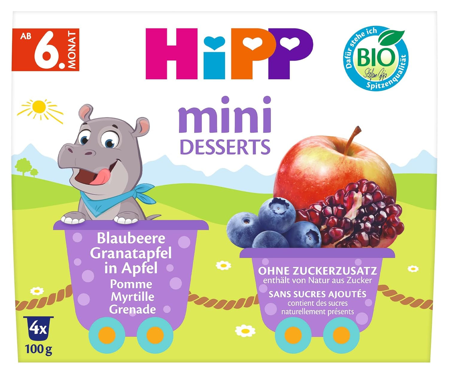 HiPP Økologisk Mini Dessert med Blåbær og Granatæble i Æblesmag (pakke med 6 x 4 x 100g), fra 6 måneder, i praktiske kopper, uden tilsat sukker, bedste økologiske kvalitet