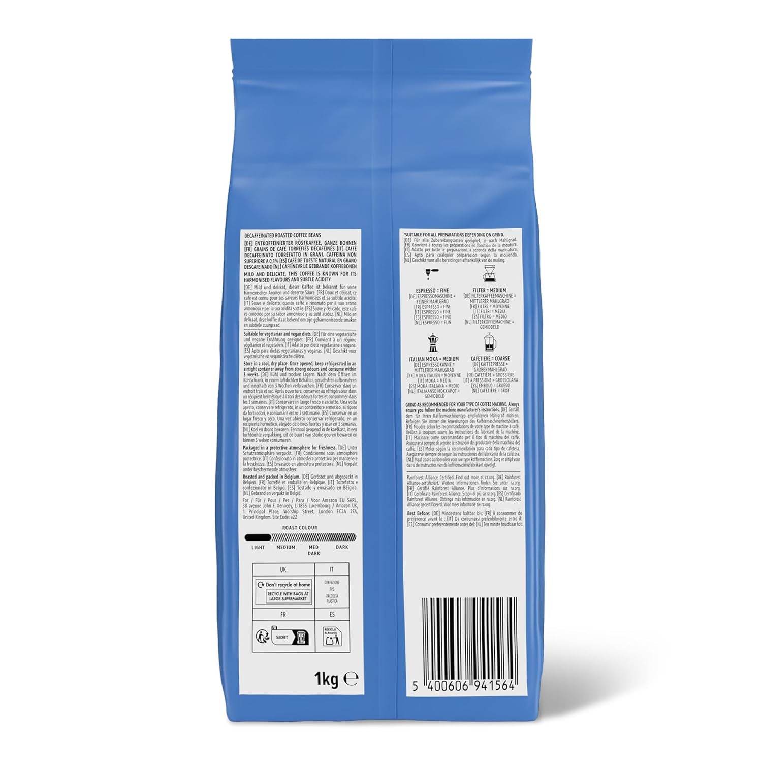 af Amazon Kaffeebohnen, entkoffeiniert, Lichte Röstung, 2 kg (2 Packungen mit 1 kg), Rainforest Alliance zertifiziert