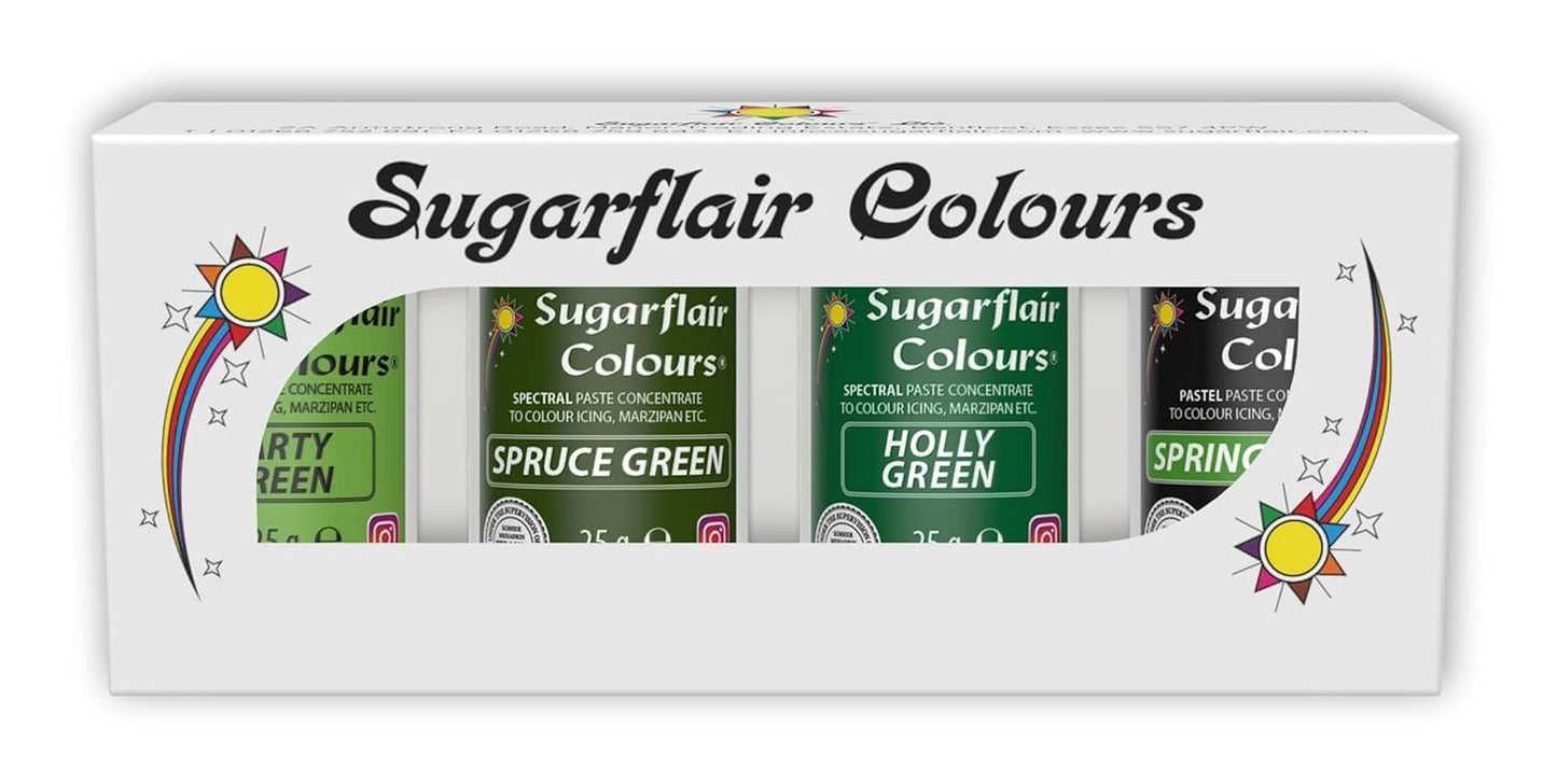Sugarflair Pasta Madfarve, Grøn, Sæt med 4, Madfarve til Pasta, Fondant, Marcipan, Sukkerpasta, Smørcreme og mere: Ilex Green, Spring Green, Spruce Green, Party Green - Sæt med 4