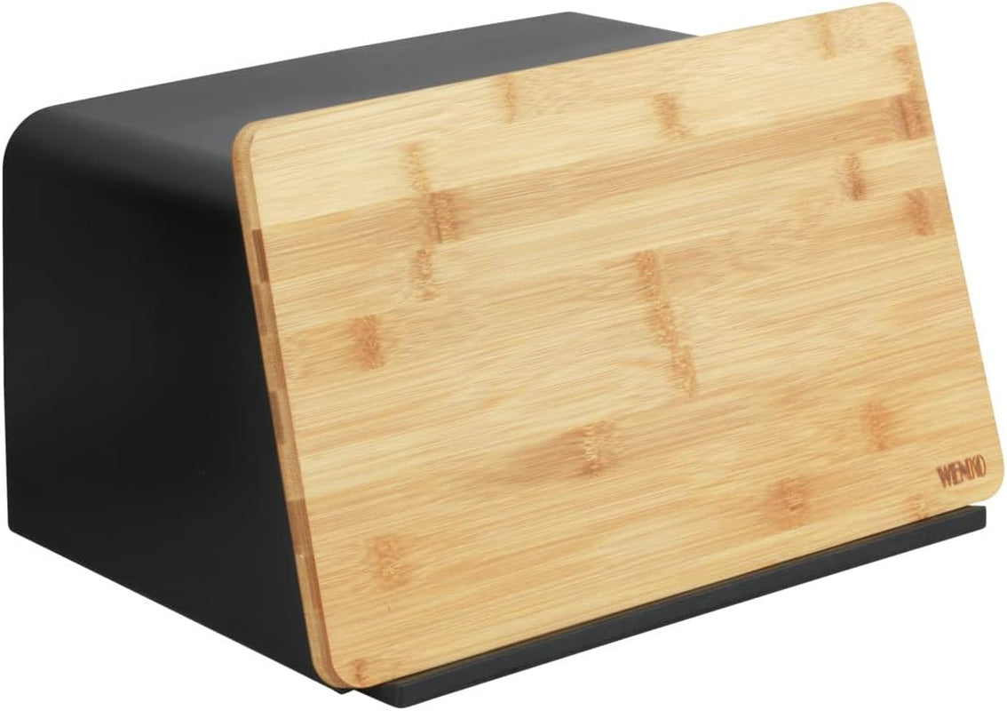 WENKO Kubo brødkurv med bambusbræt, alsidig brødopbevaring med låg og integreret bambusskærebræt, madopbevaringsboks, holdbart brødopbevaring, 35 x 20,5 x 26 cm, sort/naturlig Naty Shop madopbevaringsbokse sort/brun