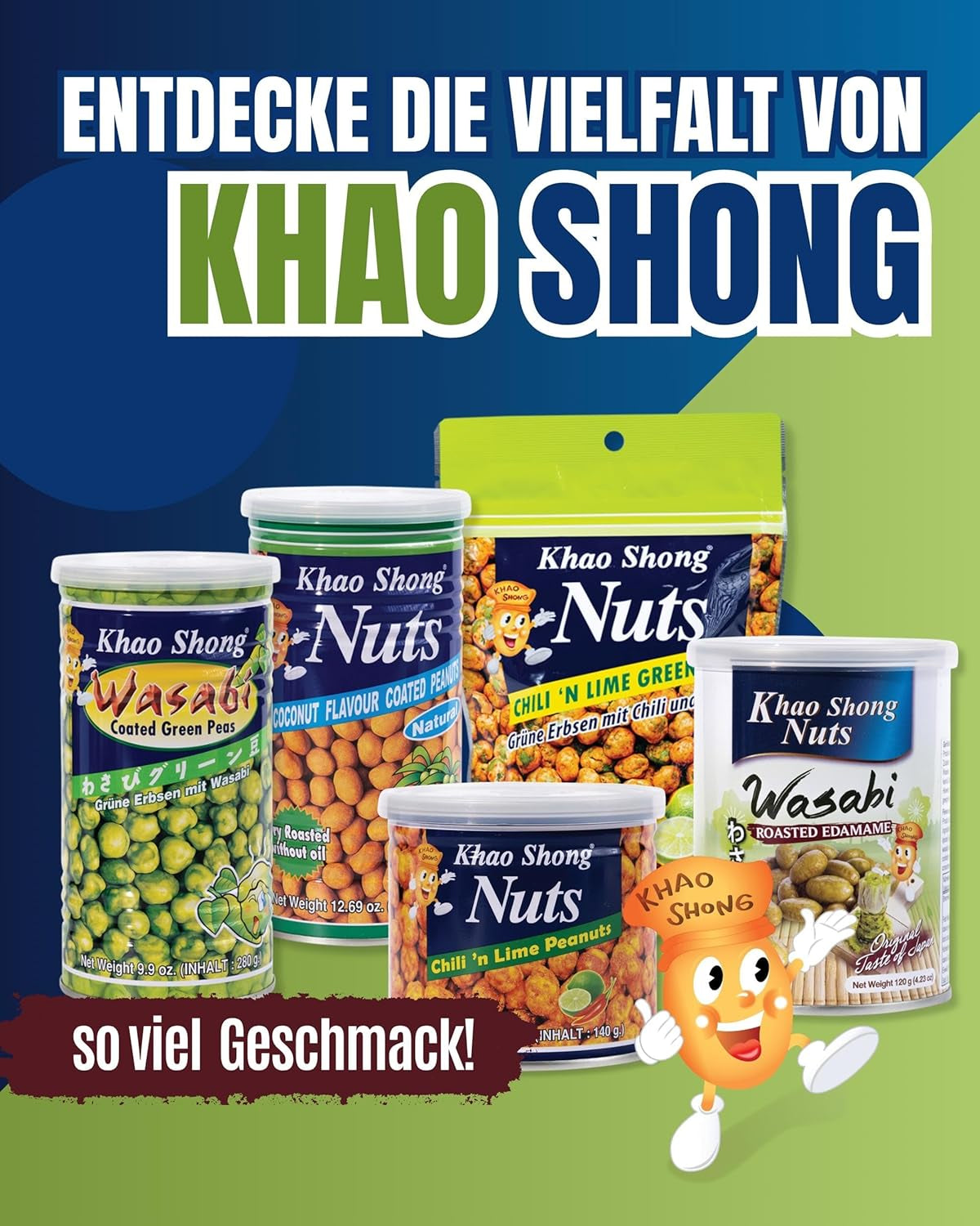 Khao Shong stegte grønne ærter med wasabi, sprøde ærter i en krydret dej, et fedtfattigt alternativ til nødder, medium krydret, 1 dåse på 140 g | 140 g (1 pakke)