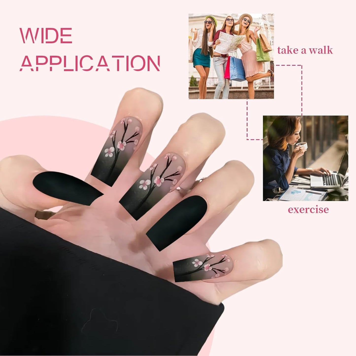 24 stk Autumn Black French Press Negle Pink Flower Lange negle lim på falske negle Autumn falske negle sæt med tilbehør