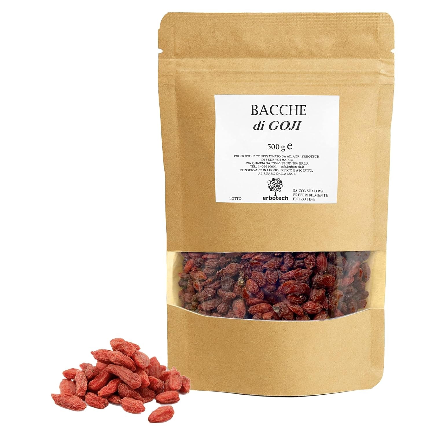 ERBOTECH Gojibær 200 g, gojibær med højt vitaminindhold, tørrede frugter uden sukker og svovl, naturlige og energirige superfoods, Made in Italy Dehydrerede produkter Naty Shop 500 G