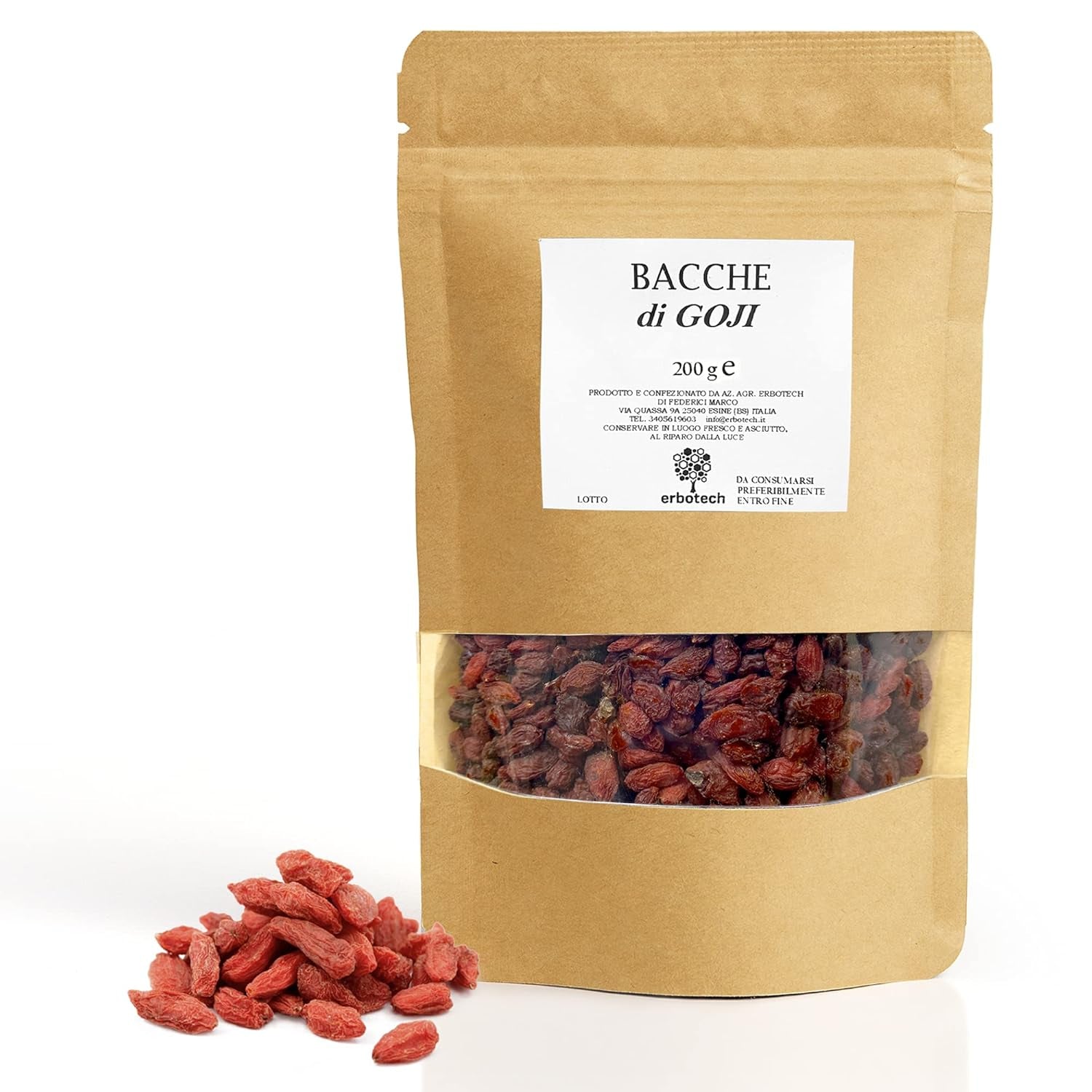 ERBOTECH Gojibær 200 g, gojibær med højt vitaminindhold, tørrede frugter uden sukker og svovl, naturlige og energirige superfoods, Made in Italy Dehydrerede produkter Naty Shop 200 G