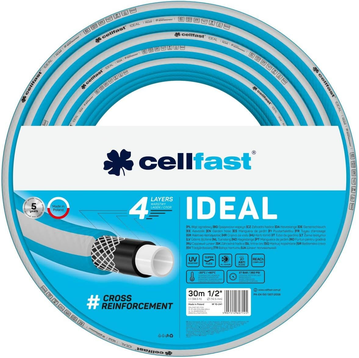 Haveslange Cellfast IDEAL, Holdbar, Fleksibel, 4 lag, Slidstærk krydsfletning, UV- og algebestandig, REACH-teknologi, 27 bar, -20/+60° kortvarig 1/2", 30m