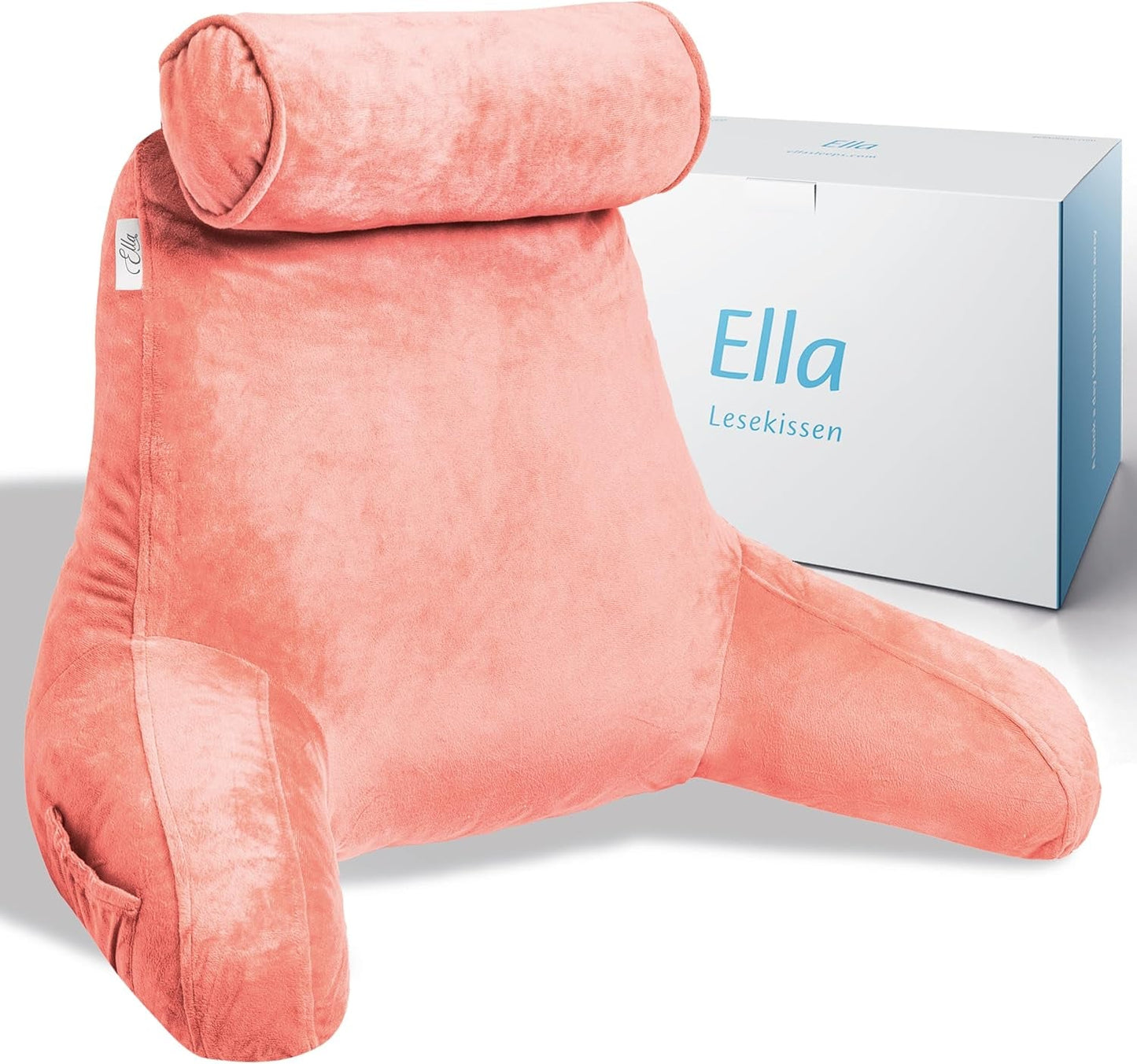 Ella læsepude til seng og sofa med aftagelig nakkerulle - Rygpude til seng - Memory Foam læsepude med armlæn, ideel til at læse, se tv, slappe af eller som rygstøtte - Grå