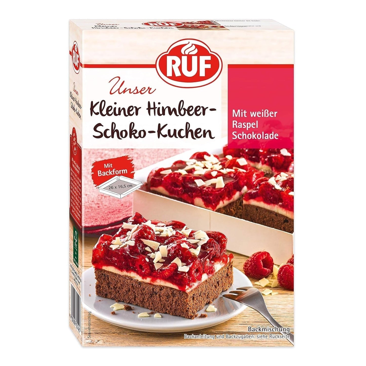 RUF Kleiner Himbeer-Schokokuchen, Mini-Kuchen Mit Feiner Puddingcreme, Himbeeren Und Weißen Schokoraspeln, Inkl. Bagform, 1X252G Blanding til bagning og madlavning Naty Shop 252 G (1Er Pack) Himbeere